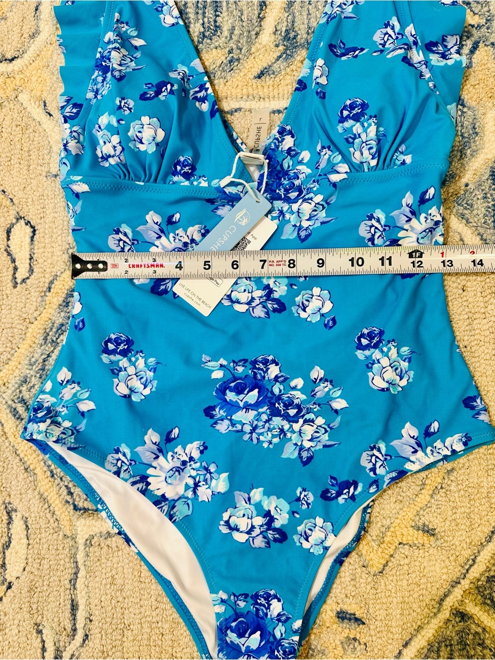 NWT Cupshe 1 Piece SwimSuit L Blue White Floral Swim Beach Vacation Tropical - Picture 4 of 11